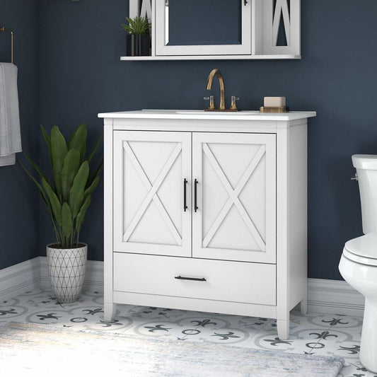 Bush Furniture - Key West Bathroom 32W Vanity with Ceramic Basin in White Ash - KWVN132WAS-03K veiw 2