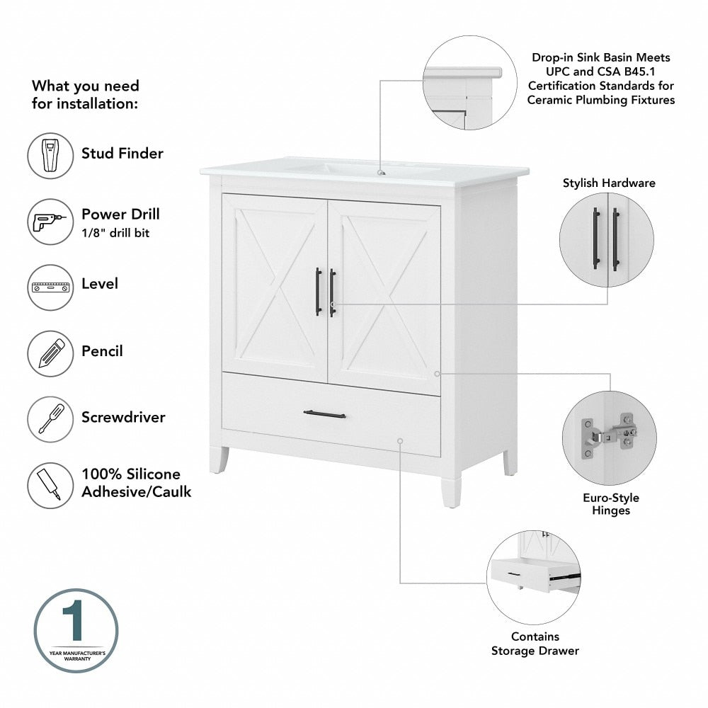 Bush Furniture - Key West Bathroom 32W Vanity with Ceramic Basin in White Ash - KWVN132WAS-03K veiw 6