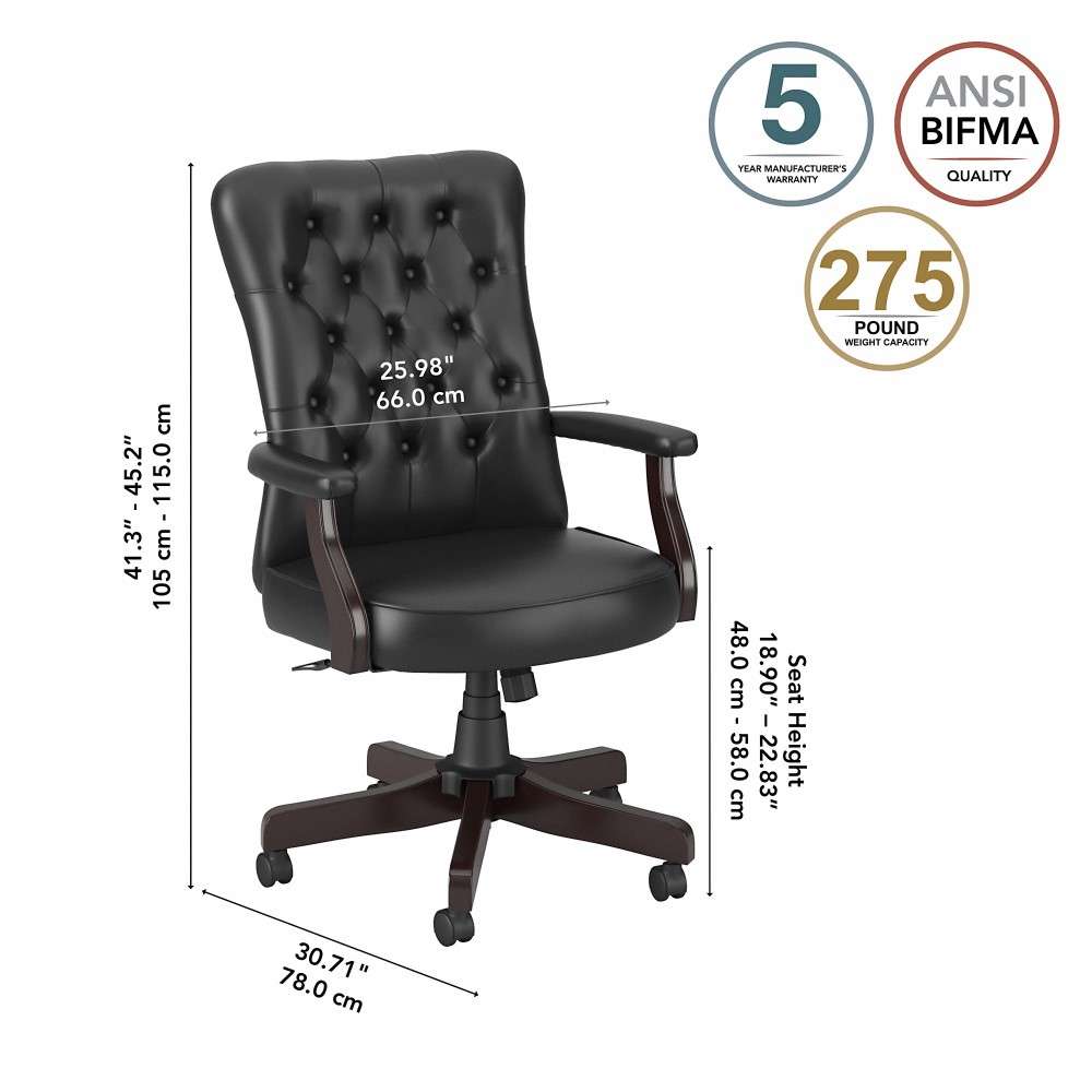 Bush Furniture - Key West High Back Tufted Office Chair with Arms in Black Leather - KWSCH2303BLL-Z veiw 7