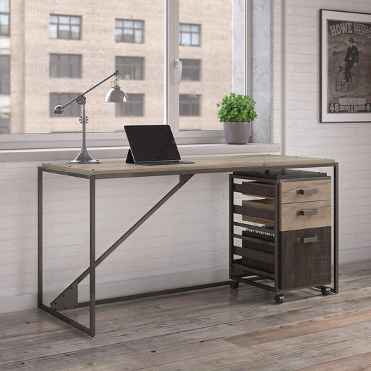 Bush Furniture - Refinery 62W Industrial Desk with 3 Drawer Mobile File Cabinet in Rustic Gray - RFY005RG veiw 2