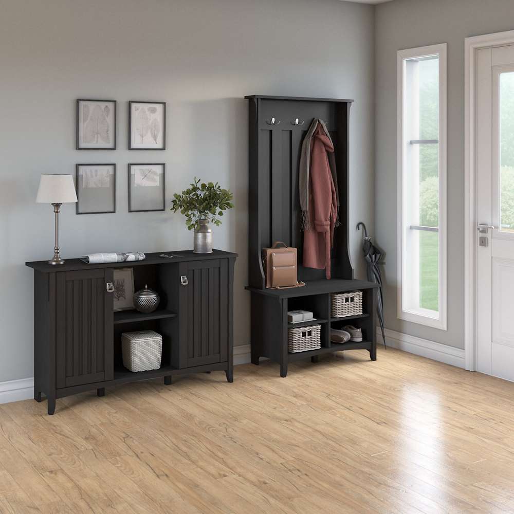 Bush Furniture - Salinas Entryway Storage Set with Hall Tree, Shoe Bench and Accent Cabinet in Vintage Black - SAL008VB veiw 4
