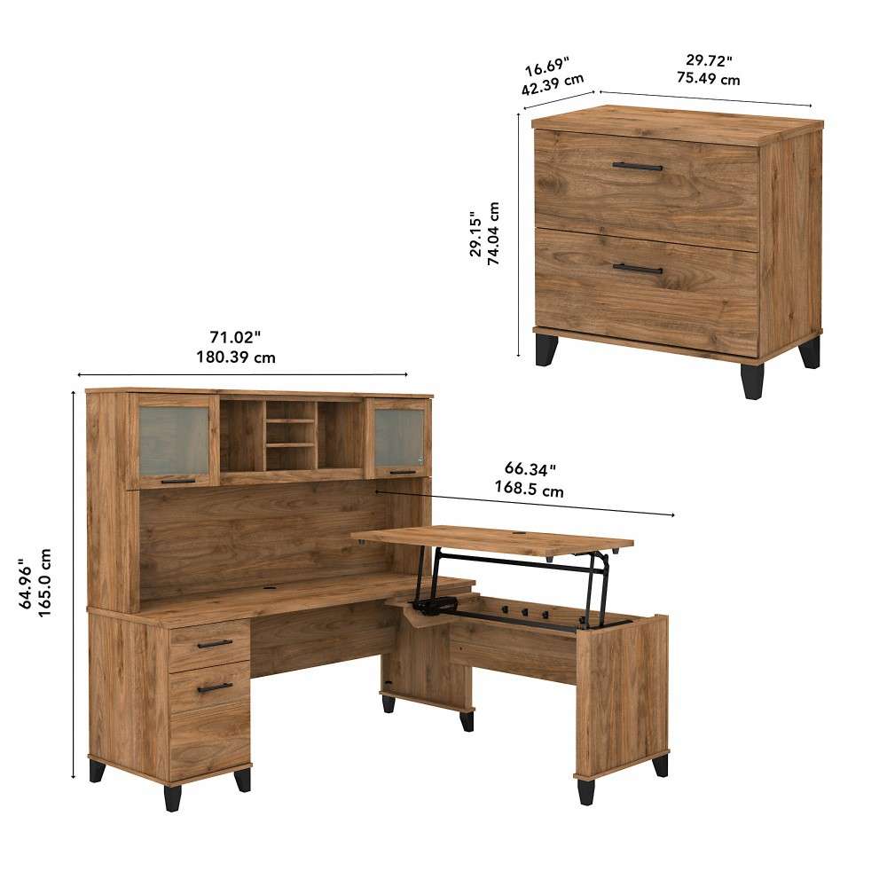Bush Furniture - Somerset 72W 3 Position Sit to Stand L Shaped Desk with Hutch and File Cabinet in Fresh Walnut - SET016FW veiw 7