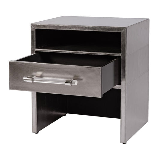 Butler Specialty Company - Allman 24 in. W Rectangular Wood and Leather 1 Drawer Nightstand w Open Shelf, Silver - 5949435 view 2