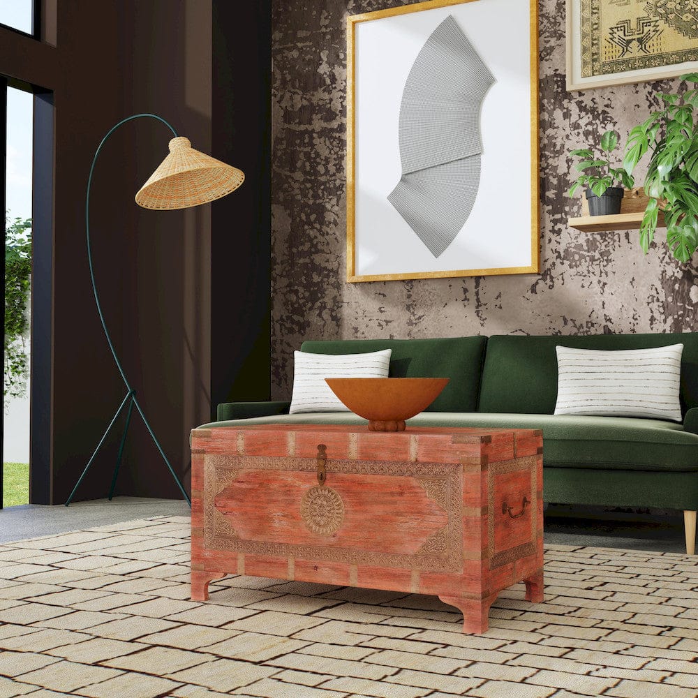 Butler Specialty Company - Artifacts - Nador 32 in. W Rectangular Hand-Painted Wood & Brass Inlay Storage Trunk Coffee Table, Pink - 3365216 view 6