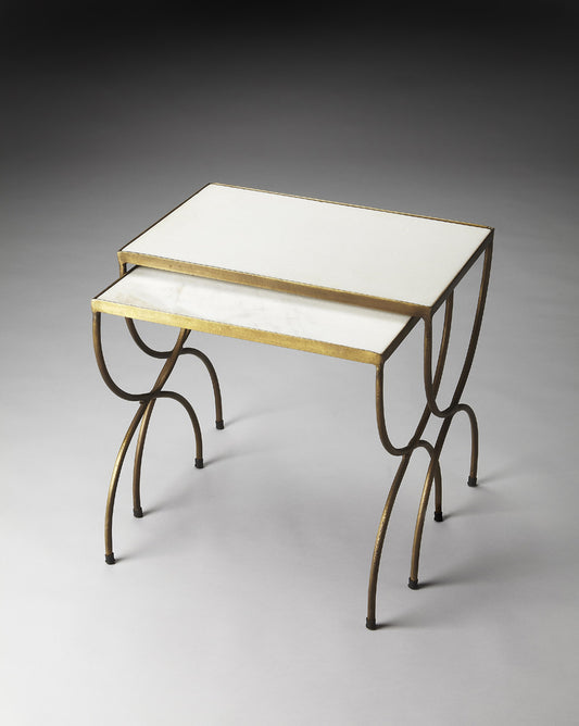 Butler Specialty Company - Bacchus Rectangular Marble & Iron Set of 2 Nesting Tables, White/Gold - 3309025
