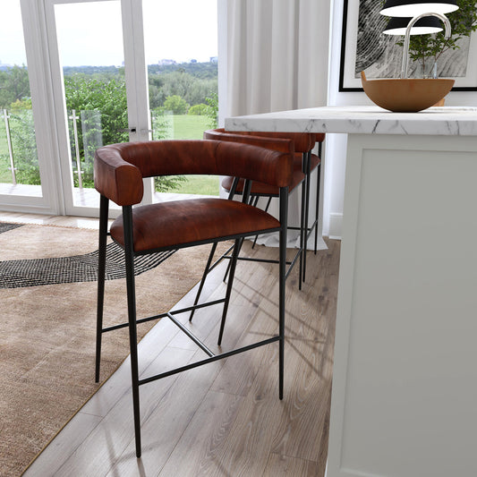 Butler Specialty Company - Dallas Leather and Iron cushioned 28.5" Bar Stool, Medium Brown - 5618344