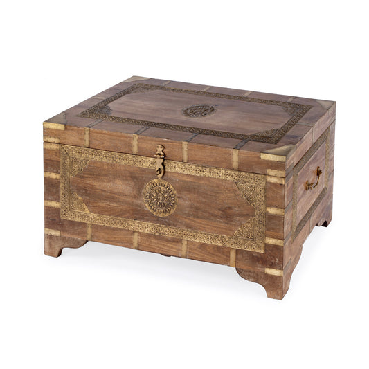 Butler Specialty Company - Artifacts - Nador 32 in. W Rectangular Hand-Painted Wood & Brass Inlay Storage Trunk Coffee Table, Light Brown - 3365118