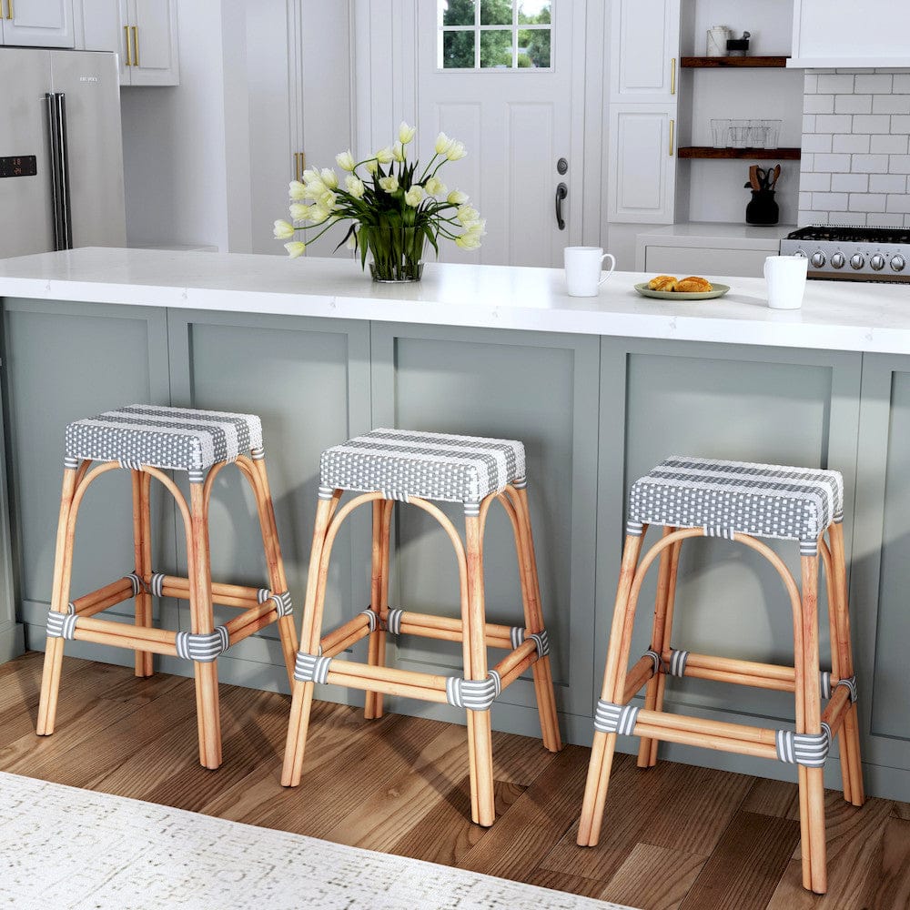 Butler Specialty Company - Robias 30 in. Seat Height Rectangular Rattan Bar Height Backless Stool with Footrest, Gray/White Stripe - 5604144_CLOSEOUT view 6