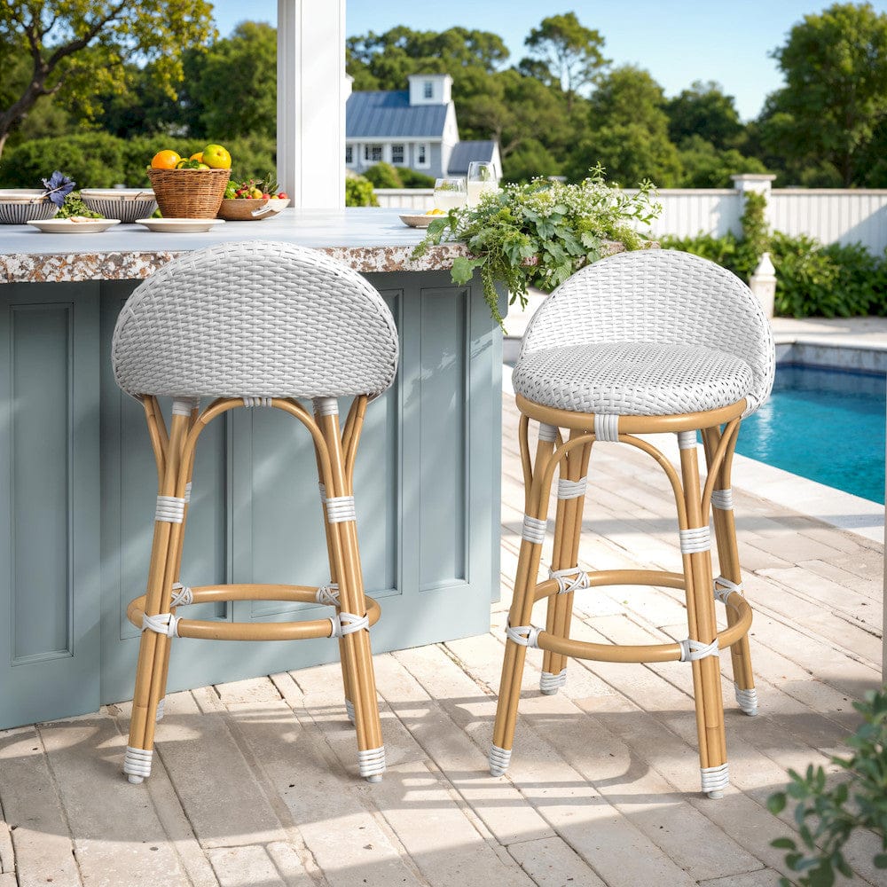 Butler Specialty Company - Tobias 24.5 in. Seat Height Outdoor Rattan and Metal Low Back Counter Stool, White and Sky Blue Dot - 5649194 view 8