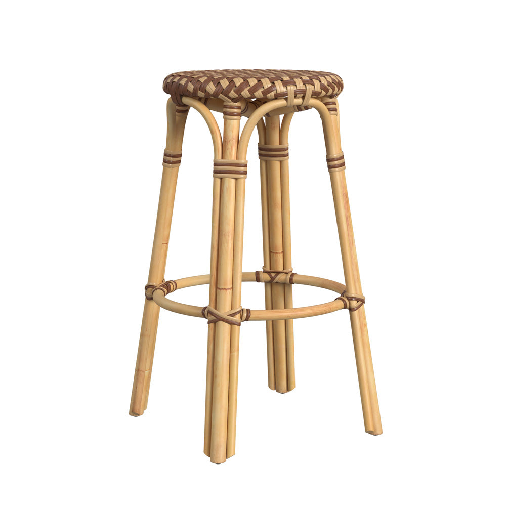 Butler Specialty Company - Tobias 30 in. Seat Height Rattan Round Backless Bar Height Stool with Footrest, Brown/Tan Dot - 9370354