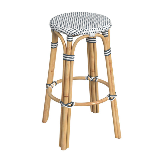 Butler Specialty Company - Tobias 30 in. Seat Height Rattan Round Backless Bar Height Stool with Footrest, Navy/White Dot - 9370222