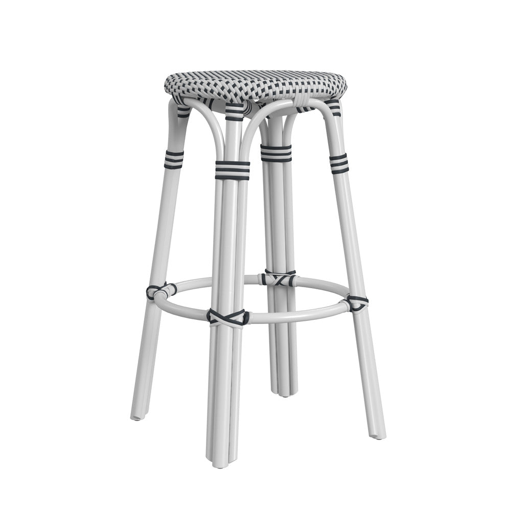 Butler Specialty Company - Tobias 30 in. Seat Height Rattan Round Backless Bar Height Stool with Footrest, White/Black Dot - 9370288_CLOSEOUT