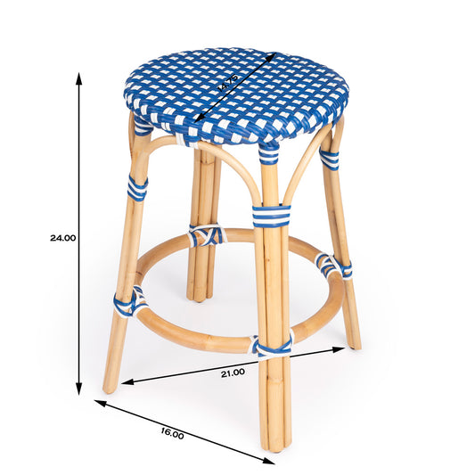 Butler Specialty Company - Tobias 24 in. Seat Height Rattan Round Backless Counter Height Stool with Footrest, Blue/White Dot - 9371303