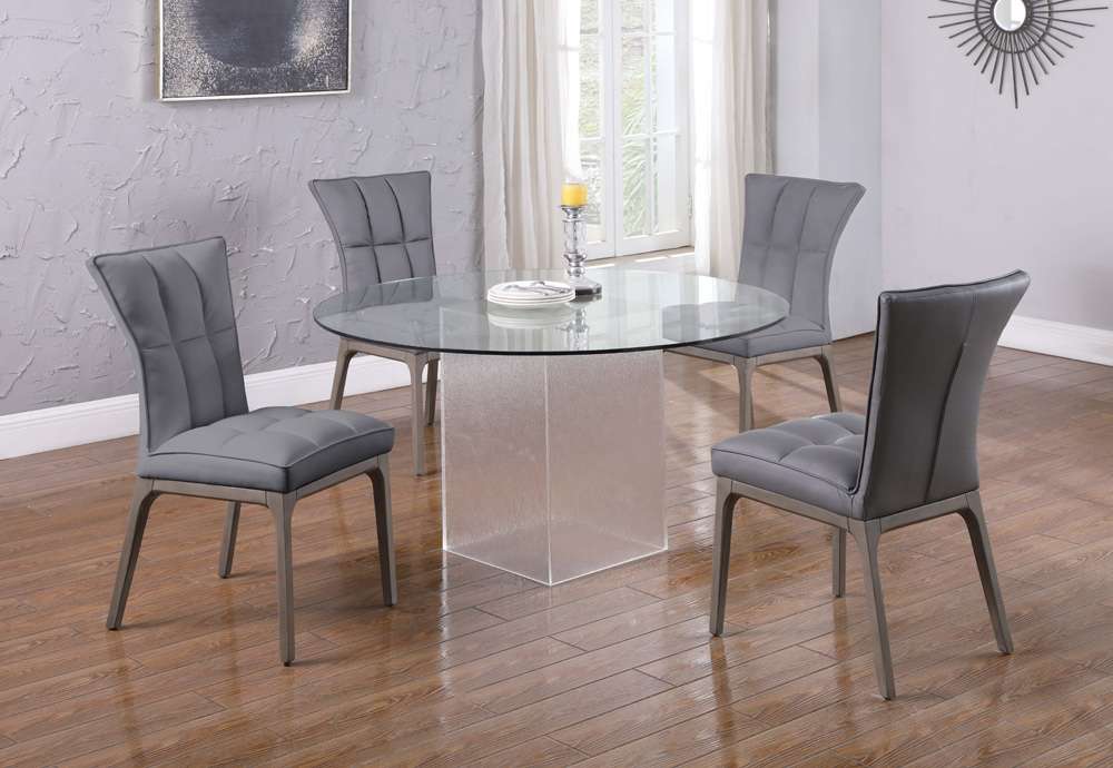 Chintaly - Valerie - Contemporary Dining Set w/ Round Glass Table, Acrylic Base & 4 Tufted Side Chairs - VALERIE-PEGGY-5PC-GRY veiw 2