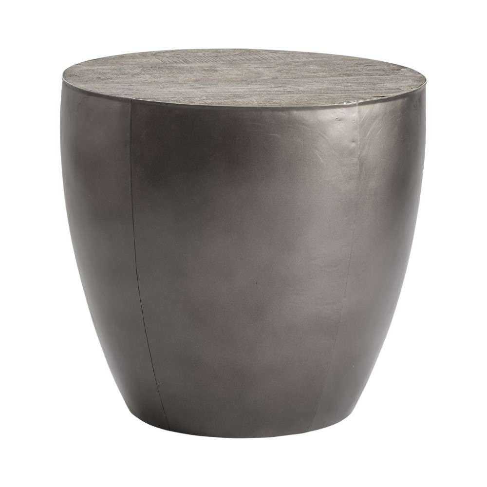 Crestview Collection - Bengal Manor Distressed Grey Mango Wood and Pewter Metal Drum Base Round End Table - CVFNR710 veiw 1