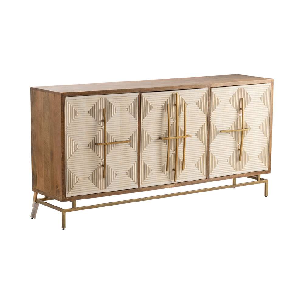 Crestview Collection - Bengal Manor Mango Wood 3 White Pattern Door Sideboard with Unique Antique Gold Hardware - CVFNR722 veiw 1