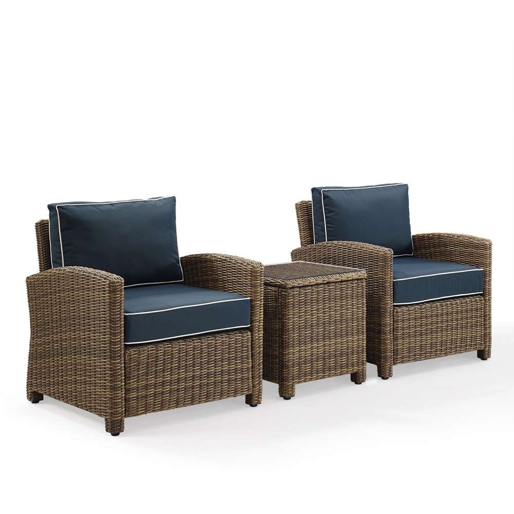 Crosley Furniture - Bradenton 3-Piece Outdoor Wicker Conversation Set with Navy Cushions - Two Arm Chairs & Side Table - KO70052WB-NV veiw 2