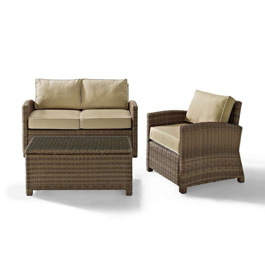 Crosley Furniture - Bradenton 3 Piece Outdoor Wicker Seating Set with Sand Cushions - Loveseat, Arm Chair & Glass Top Table - KO70027WB-SA veiw 2