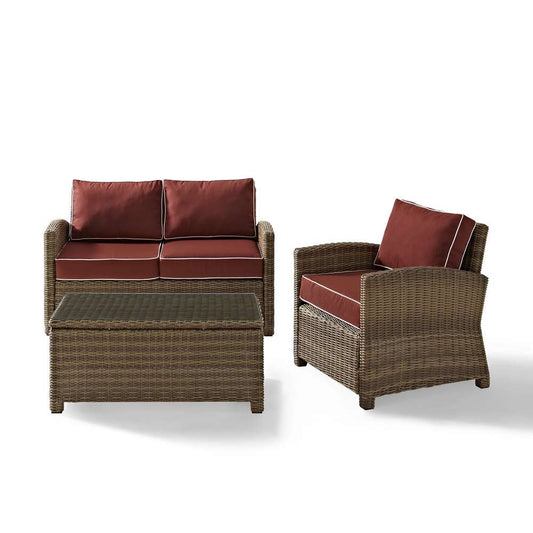 Crosley Furniture - Bradenton 3 Piece Outdoor Wicker Seating Set with Sangria Cushions - Loveseat, Arm Chair & Glass Top Table - KO70027WB-SG veiw 2