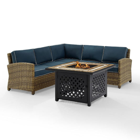 Crosley Furniture - Bradenton 4 Piece Outdoor Wicker Sectional Set With Fire Table Weathered Brown/Navy - Right Corner Loveseat, Left Corner Loveseat, Corner Chair, Fire Table - KO70157-NV view 2