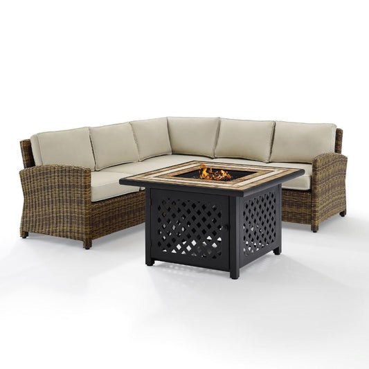 Crosley Furniture - Bradenton 4 Piece Outdoor Wicker Sectional Set With Fire Table Weathered Brown/Sand - Right Corner Loveseat, Left Corner Loveseat, Corner Chair, Fire Table - KO70157-SA view 2