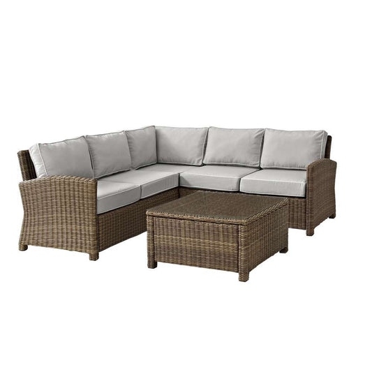 Crosley Furniture - Bradenton 4Pc Outdoor Wicker Sectional Set Gray/Weathered Brown - Right Corner Loveseat, Left Corner Loveseat, Corner Chair, & Sectional Glass Top Coffee Table - KO70019WB-GY veiw 2