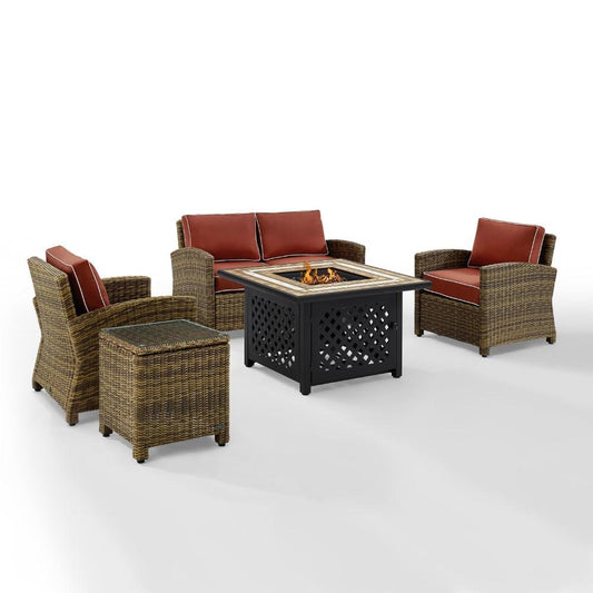 Crosley Furniture - Bradenton 5 Piece Outdoor Wicker Conversation Set With Fire Table Weathered Brown/Sangria - Loveseat, 2 Arm Chairs, Side Table, Fire Table - KO70162-SG view 2