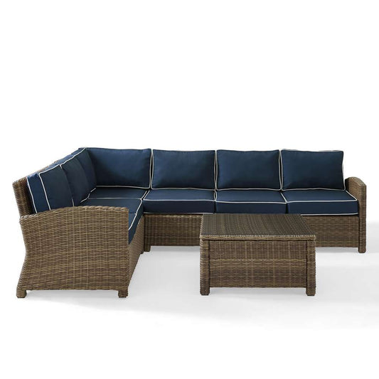 Crosley Furniture - Bradenton 5-Piece Outdoor Wicker Seating Set with Navy Cushions - Right Corner Loveseat, Left Corner Loveseat, Corner Chair, Center Chair, Sectional Glass Top Coffee Table - KO70020WB-NV view 2