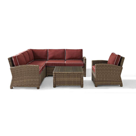 Crosley Furniture - Bradenton 5-Piece Outdoor Wicker Seating Set with Sangria Cushions - Right Corner Loveseat, Left Corner Loveseat, Corner Chair, Arm Chair, Sectional Glass Top Coffee Table - KO70021WB-SG view 2