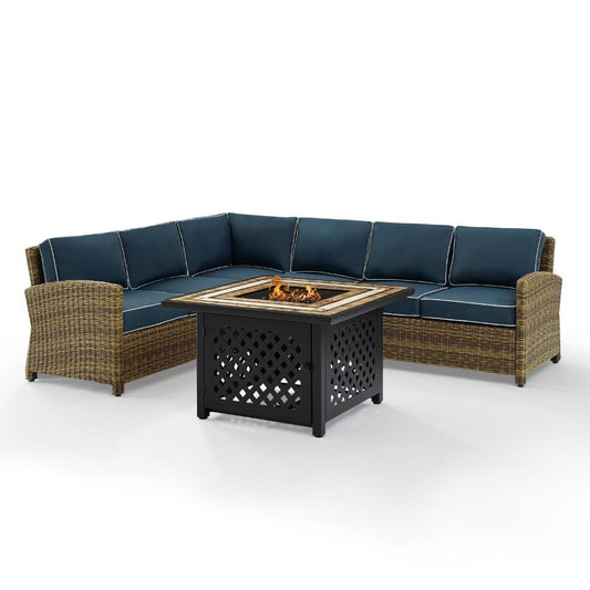 Crosley Furniture - Bradenton 5 Piece Outdoor Wicker Sectional Set With Fire Table Weathered Brown/Navy - Right Corner Loveseat, Left Corner Loveseat, Corner Chair, Center Chair, Fire Table - KO70158-NV view 2