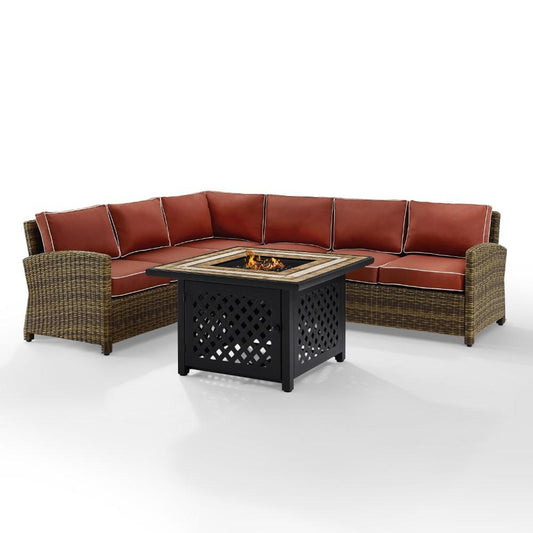 Crosley Furniture - Bradenton 5 Piece Outdoor Wicker Sectional Set With Fire Table Weathered Brown/Sand - Right Corner Loveseat, Left Corner Loveseat, Corner Chair, Center Chair, Fire Table - KO70158-SG view 2
