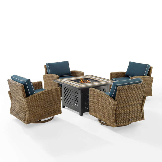 Crosley Furniture - Bradenton 5Pc Swivel Rocker Conversation Set W/Fire Table Navy/Weathered Brown - Tucson Fire Table & 4 Swivel Rockers - KO70209WB-NV view 2