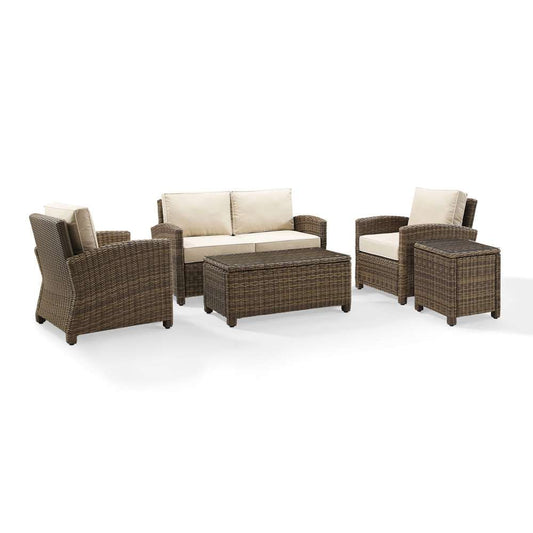 Crosley Furniture - Bradenton 5-Piece Outdoor Wicker Conversation Set with Sand Cushions - Loveseat, Two Arm Chairs, Side Table & Glass Top Table - KO70050WB-SA veiw 2