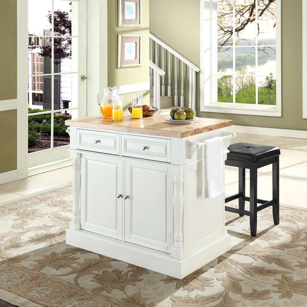 Crosley Furniture - Butcher Block Top Kitchen Island in White Finish with 24in Black Upholstered Square Seat Stools - KF300065WH veiw 4