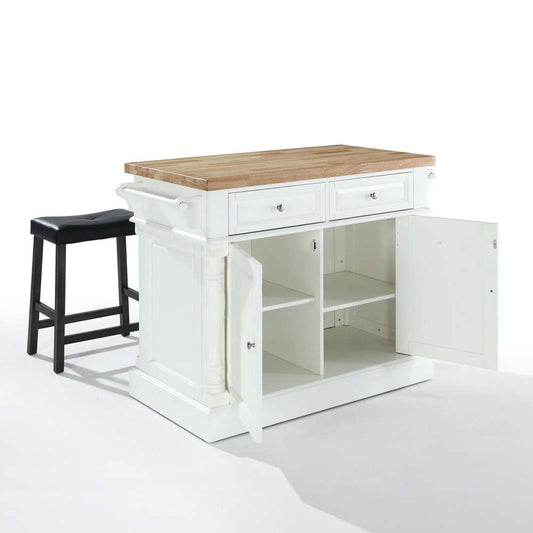 Crosley Furniture - Butcher Block Top Kitchen Island in White Finish with 24in Black Upholstered Saddle Stools - KF300064WH veiw 2
