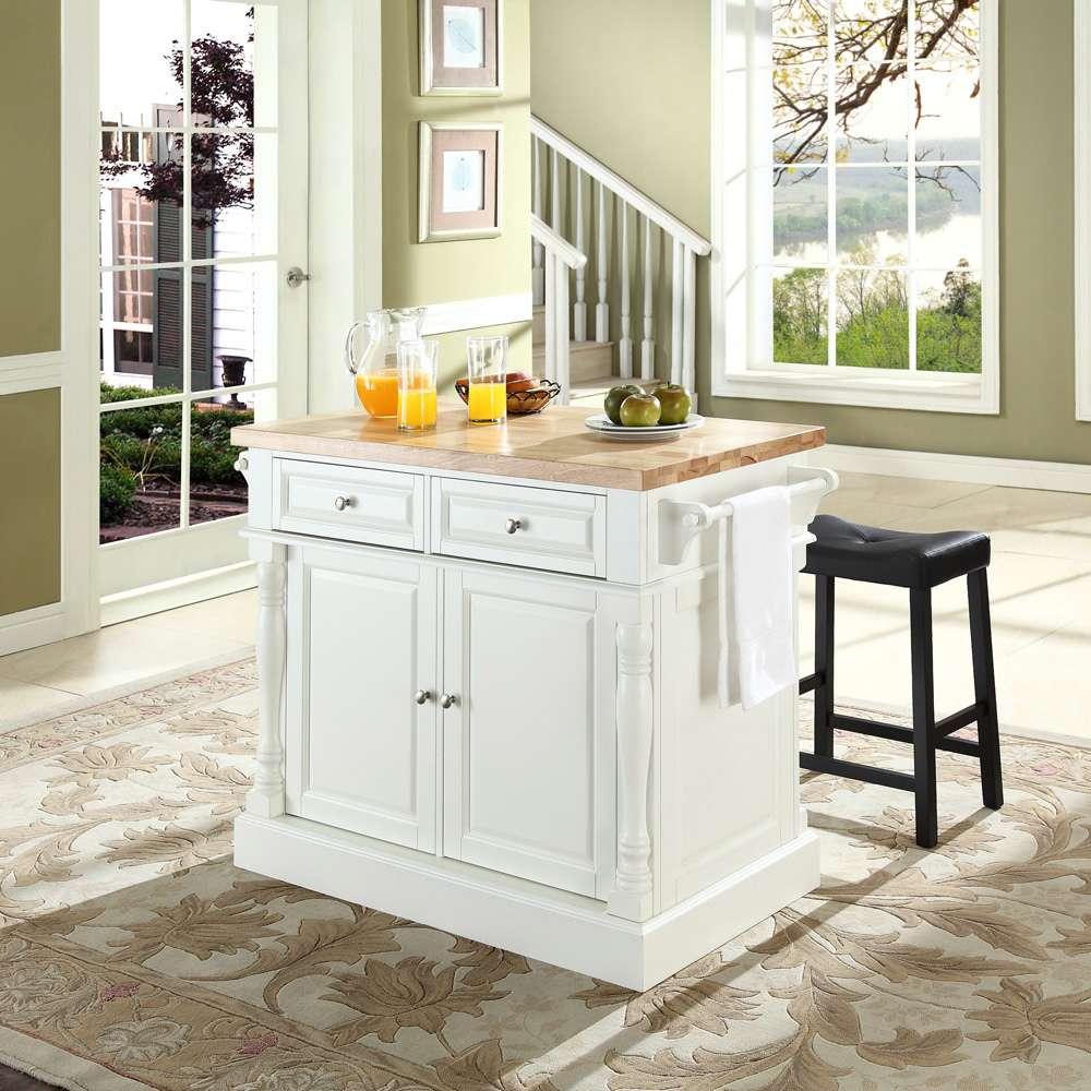 Crosley Furniture - Butcher Block Top Kitchen Island in White Finish with 24in Black Upholstered Saddle Stools - KF300064WH veiw 4