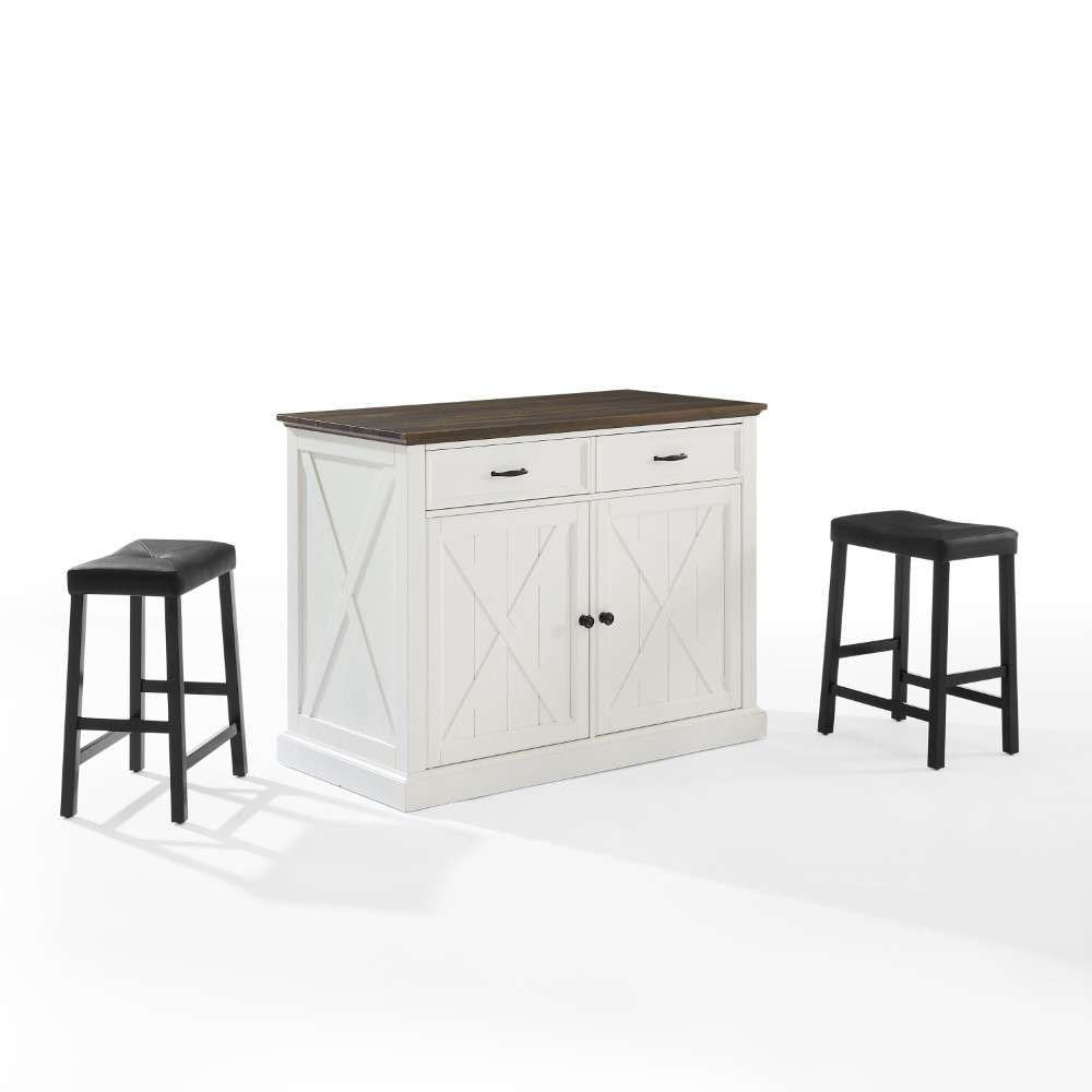 Crosley Furniture - Clifton Kitchen Island W/Uph Saddle Stools Distressed White/Black - Kitchen Island & 2 Stools - KF30071WH-BK veiw 1