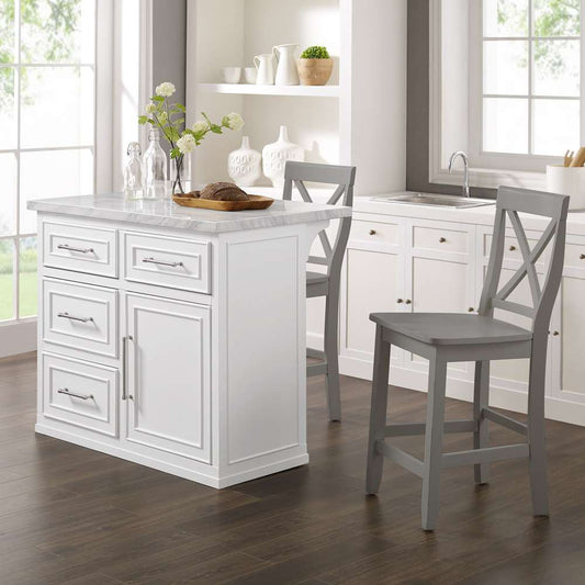 Crosley Furniture - Cutler Faux Marble Top Kitchen Island W/X-Back Stools White/Gray - Kitchen Island & 2 Stools - KF30095WH-GY veiw 2