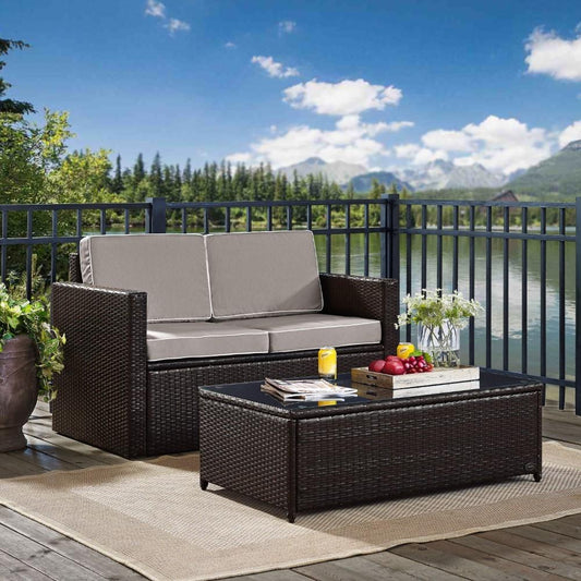 Crosley Furniture - Palm Harbor 2 Piece Outdoor Wicker Seating Set With Gray Cushions- Loveseat & Glass Top Table - KO70002BR-GY_CLOSEOUT veiw 2