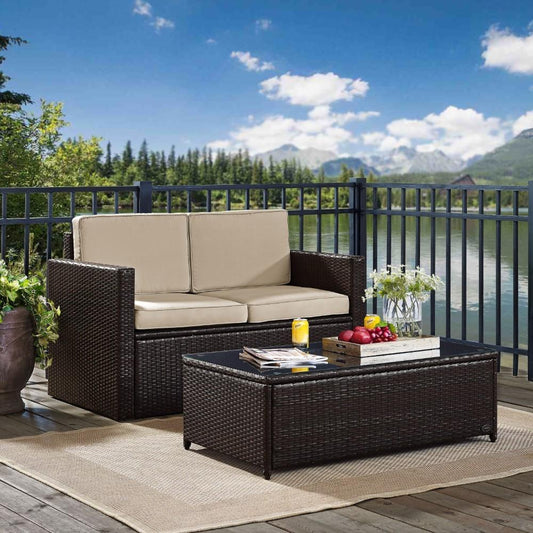 Crosley Furniture - Palm Harbor 2 Piece Outdoor Wicker Seating Set With Sand Cushions - Loveseat & Glass Top Table - KO70002BR-SA_CLOSEOUT veiw 2