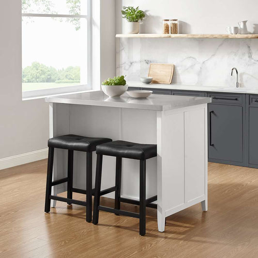 Crosley Furniture Silvia Stainless Steel Top Island W/Uph Saddle Stools White/Black - Kitchen Island & 2 Stools - KF30082WH-BK view 2
