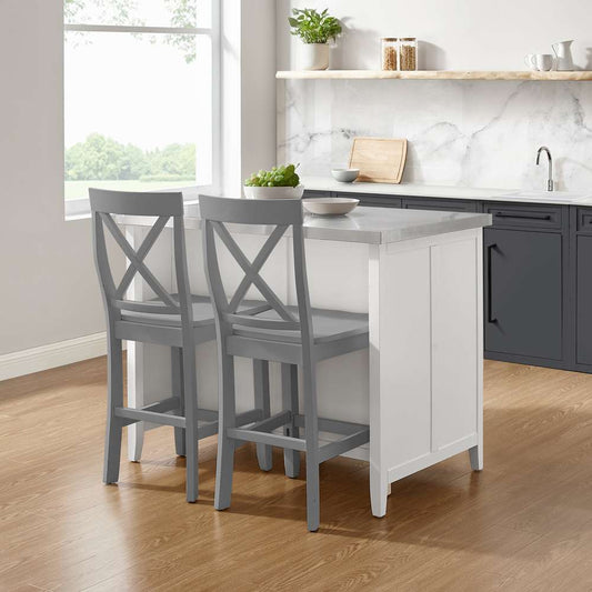 Crosley Furniture Silvia Stainless Steel Top Kitchen Island W/X-Back Stools White/Gray - Kitchen Island & 2 Stools - KF30083WH-GY veiw 2