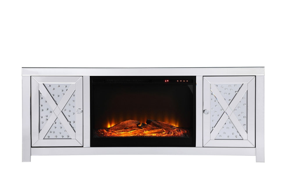 Elegant Furniture & Lighting - Modern 59 in. crystal mirrored TV stand with wood log insert fireplace - MF9904-F1 veiw 1