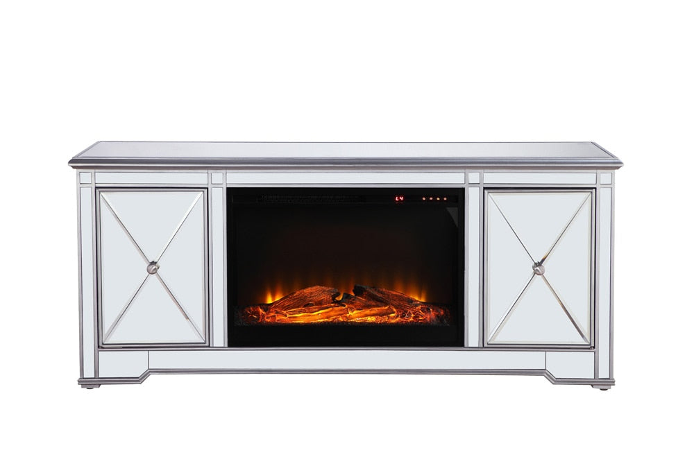 Elegant Furniture & Lighting - Modern 60 in. mirrored TV stand with wood fireplace insert in antique silver - MF601S-F1 veiw 1