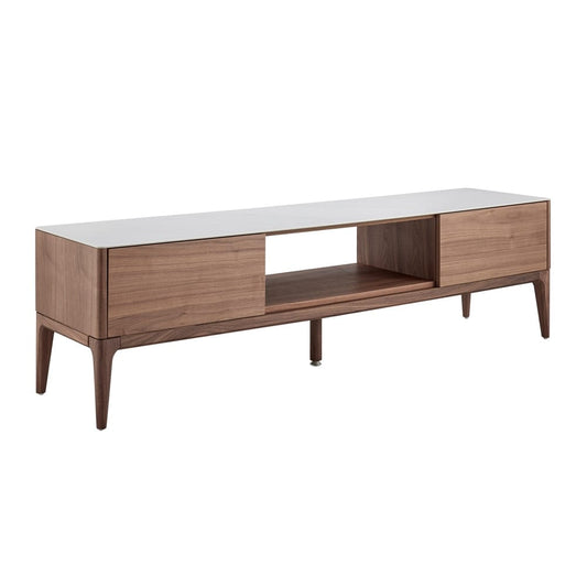Euro Style - Haldis 71inW 2-Drawer Media Stand, White Ceramic Glass/Walnut - 39044-WHT veiw 2
