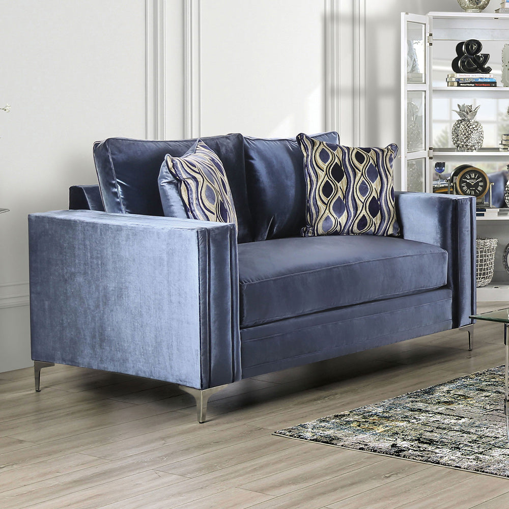 Furniture of America - Jodie Loveseat in Satin Blue/Silver - SM2687-LV View 1