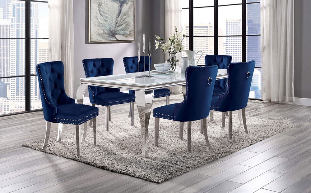Furniture of America - Neuveville 7 Pc. Dining Table Set, Navy Chairs in White/Chrome - CM3903WH-T-7PC-261NV View 1