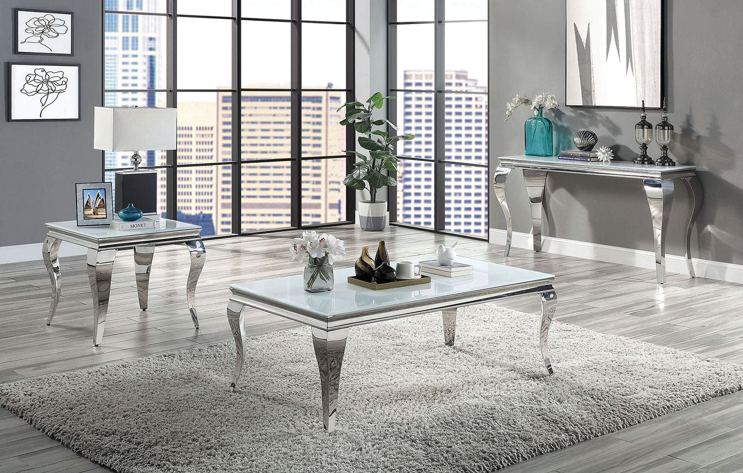 Furniture of America - Wetzikon Sofa Table in White/Silver - CM4903WH-S-TABLE View 2