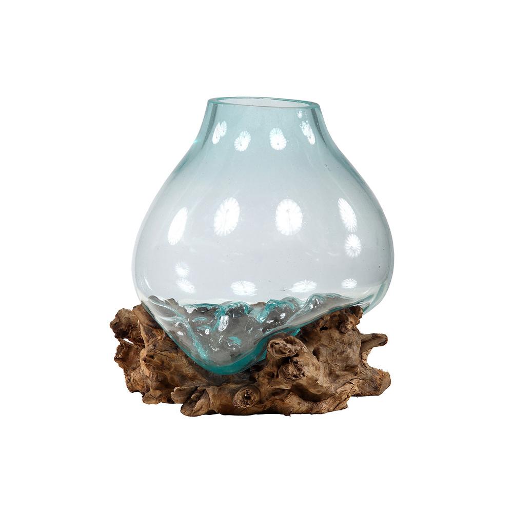 Henry & Mason - Maddie 16in Transparent Aqua Glass Bowl with Teak Wood Base - DV7032 veiw 1