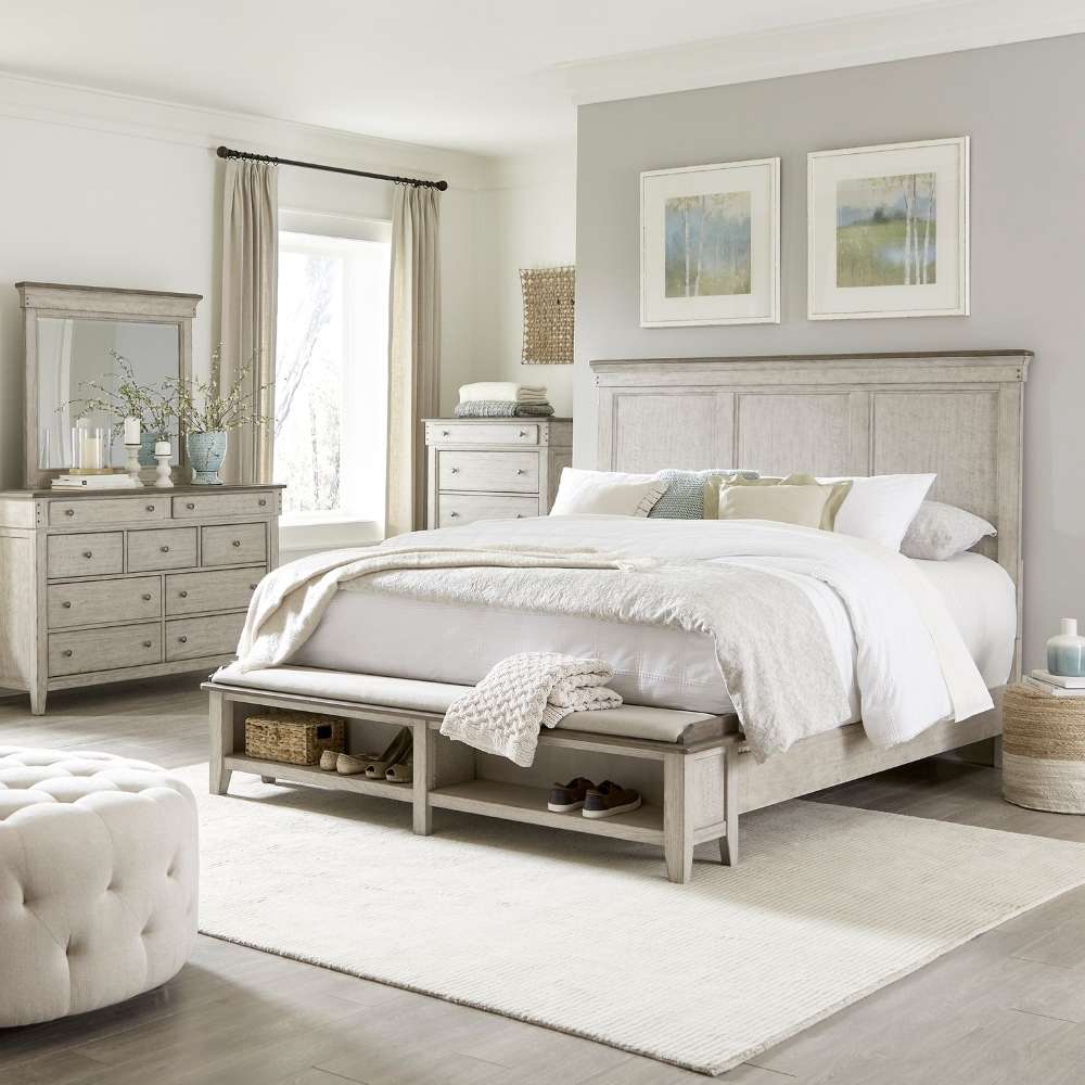 Henry & Mason - Vine Vale Queen Storage Bed, Dresser & Mirror, Chest in Weathered Linen with Dusty Taupe Tops - AFA02820 view 1
